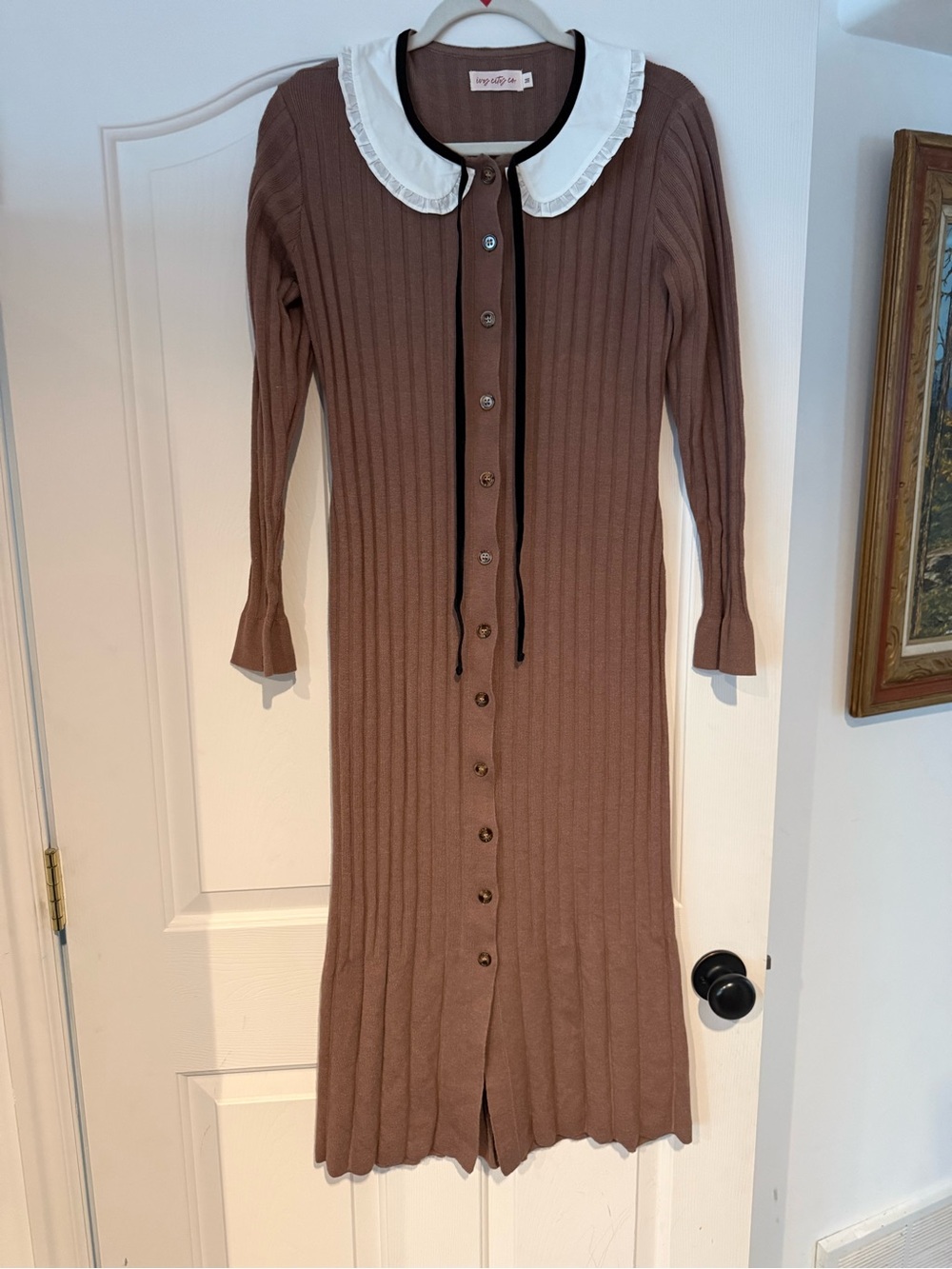 Ivy City Co Brown Ribbed Button-Front Dress with White Peter Pan Collar